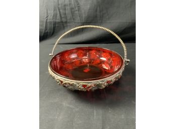 Basket Grape Pattern Metal Holder With Ruby Red Glass Insert.