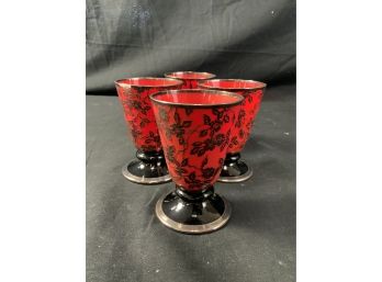 Set Of Four Rockwell Decorated Footed Glasses Red & Black Sterling Silver Bottom Base Rim.