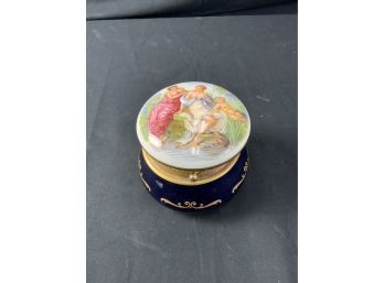 Keramos Italy. Decorative Jar. Cobalt Blue With Gold Rim. White Top With Portrait On Lid.