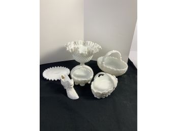 Set Of Six Pieces Of Milk Glass. Plate, Bowls, Dishes, Etc. Including Fenton