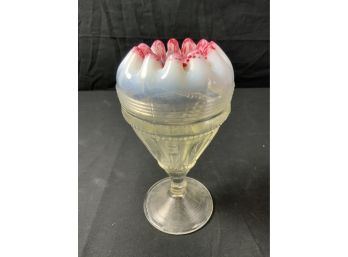 Glass Vase With Opal & Raspberry Ruffled Top.