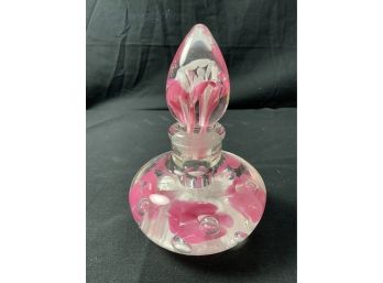 Joe St Clair Paperweight Perfume. Clear W/pink & White Flowers. Large Bubbles. Large Stopper.
