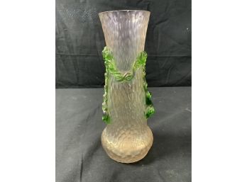 Unsigned Loetz Iridescent Vase. Clear W/green Overlay Shaped Like M..
