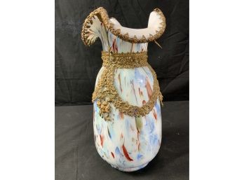 Large Tall Vase. White Cased Inside W/light Blue Outside Spattered W/dark Blues, Reds, Metal Deco. Ruffled Top