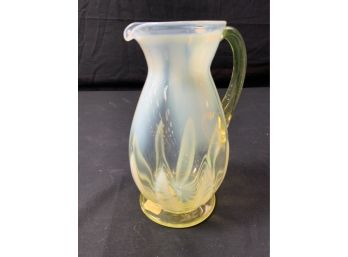 White & Blue With Green Handle & Base Art Glass Vaseline Vase.