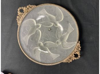 Frosted Glass Plate. Decorated W/doves. Metal Rim On Outside Edge.