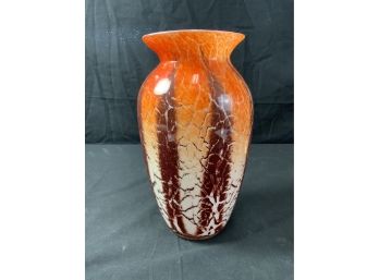 Brown Vase W/white & Orange Mottled & Striped Cased With White. High Gloss.