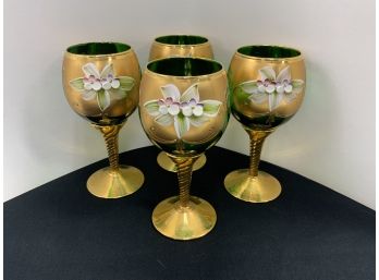 Set Of 4 Bohemian Glasses. Hand Painted Flowers & Faux Gold. Green Glass