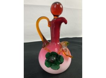 Small Pitcher. Amber Handle. Large Green Flower Decoration. White To Pink To Cranberry.