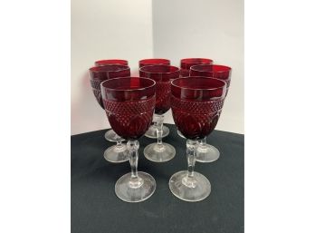 Eight Glass Ruby Stem Glasses. Pressed Glass. Leaf Pattern.