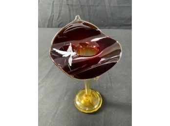 Vase. Amber In A Jack In Pulpit. Decorated W/ Bird.
