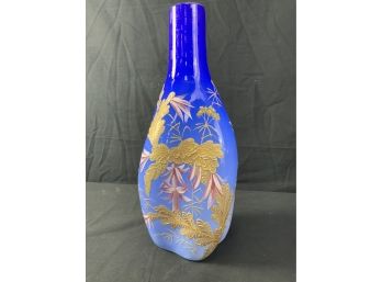 Vase. 14 Tall W/large Bottom & Center, Small Neck. Light Blue On Bottom Shading To Dark Blue At Top.