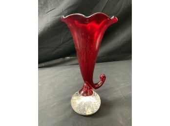 Pairpoint Vase. Large Bubble Ball Clear Base. Dark Red Cornucopia Upper Part With Ruffled Top.