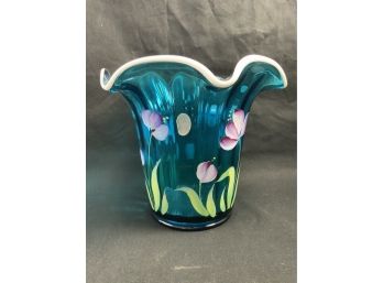 Fenton Teal Vase. Hand Painted. 2004 Heirloom Optics Collection. Flowers. Ruffled Top.
