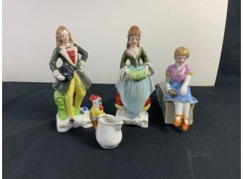 Hand Painted Porcelain Figurines Of Victorian Era Man & Woman. Roster On Pitcher. Modern Woman.