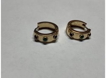 Pair Of 14k Gemstone Earrings With Garnet, Emerald, And Sapphire