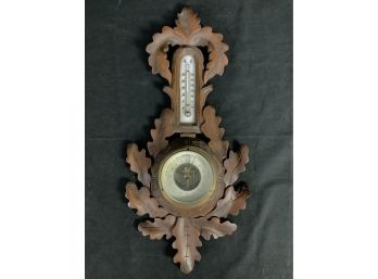 Antique German Hand Carved Black Forrest Style Barometer. Beautiful Leaf Design