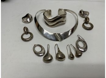 Sterling Silver Jewelry With Collar Necklace Bangle Bracelet And Earrings