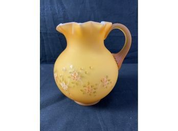 Yellow Pitcher. Three Layer Glass Cased With Clear & White. Decorated With Flowers. Satin Glass. Artist Signed