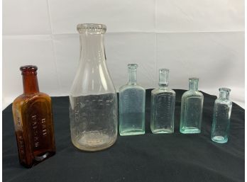 6 Aqua, Amber & Clear Glass Bottles. Brook Side Dairies. R.R.R. Roadway & Co New York