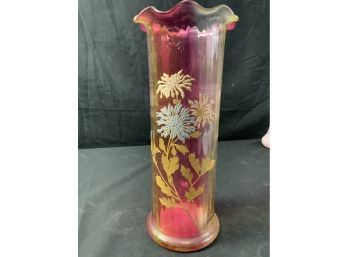 Mont Joye Vase Unmarked Ruffled Top W/straight Sides. Enameled Flowers, Gold Leaves & Stem.