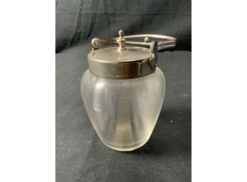 Threaded Glass Sweet Meat Jar. Clear Glass. Silver Plated. Top & Lid.