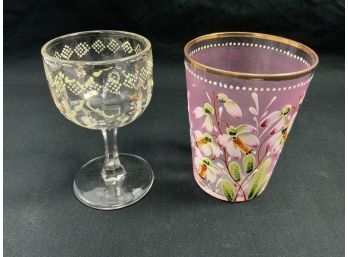 Pair Of Moser Glasses. Pink With Flowers. Clear Glass.