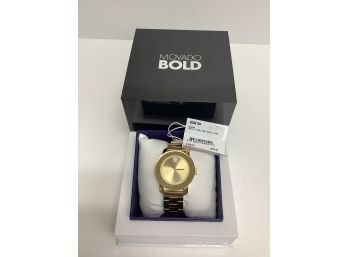 New Movado Bold Ladies Gold Ion-plated Bracelet Watch With Swarovski Crystal $695 Retail