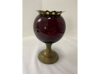 Bulbous Victorian Lamp. Brass Top & Bottle. Dark Red.