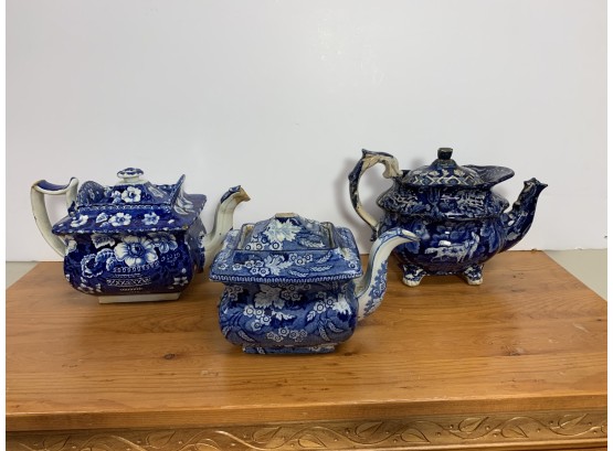 3 Antique Flow Blue Transferware Teapots