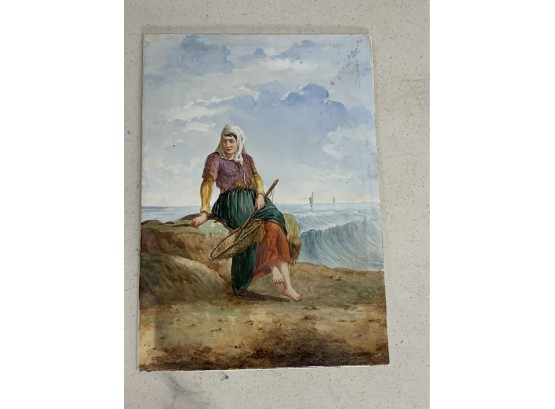 Signed Painting On Porcelain Of A Woman With Fishing Net