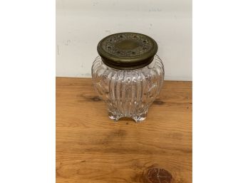 Pattern Glass Biscuit Jar With A Brass Jeweled Cover