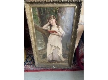 Large L. Perrault Antique Chromo Lithograph In A Great Gold Heavily Detailed Frame