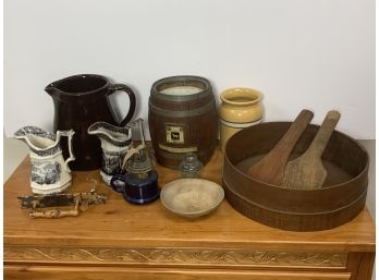 Grouping Of Country Items Including White Horse Whiskey Barrel And 1851 Bowl