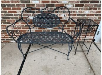 Two Piece Lot With Black Iron Bench And A Small Plant Stand