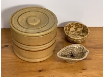 3 Pieces Of Country Pottery Including A Food Mold
