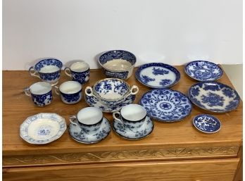 Grouping Of Flow Blue Tranferware Cups, Saucers, And Bowl