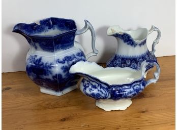 3 Flow Blue Transferware Pitcher/creamers