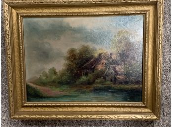 Antique Oil On Canvas Painting Of A Cabin In A Gold Vintage Frame