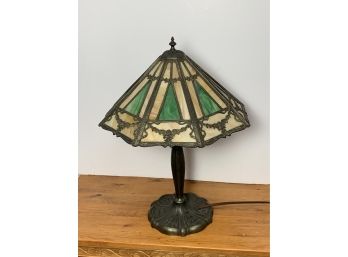 Great Antique Panel Lamp With Carmel And Green Glass Panels