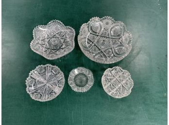 5 Pieces Of Pressed And Cut Glass Round Bowls And Plates