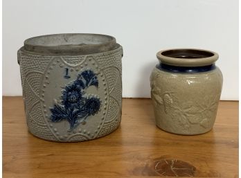 2 Stoneware Pieces Including A Blue Decorated Small Crock