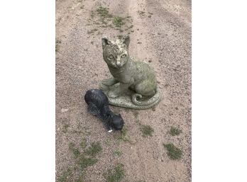 2 Small Cement Animals Including Cat And Squirrel