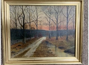 Antique Oil On Canvas Fall Country Side Scene With A Gold Frame