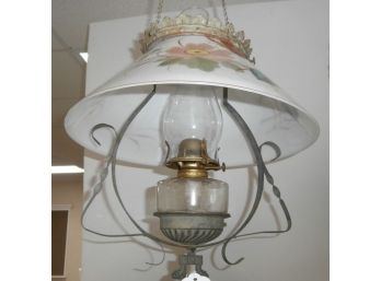 Antique Country Hanging Oil Lamp With A Painted Buterfly And Flower Shade
