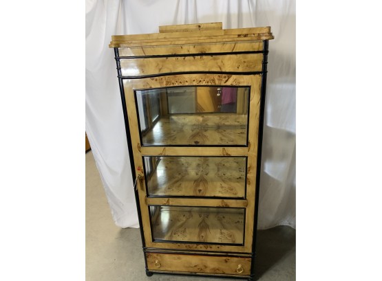 Burled 1 Door 1 Drawer Mirrored Back Cabinet With Fixed Shelf And Key