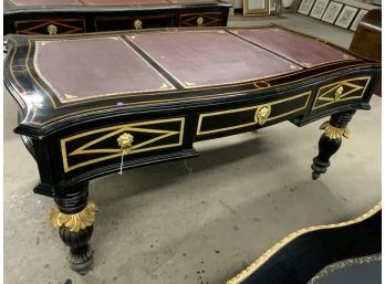 Black And Gold Painted Executive Desk With 3 Drawers And Leather Inset Center