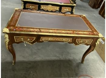 Louis 15th 3 Drawer Executive Desk With Figural Corners And Brass And Faux Tortoise Shell Detail