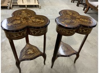 Pair Of Burled Wood Painted Clover Shaped Stands