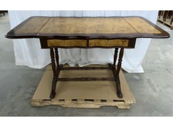 2 Drawer Drop Side Burled Table With Trestle Base